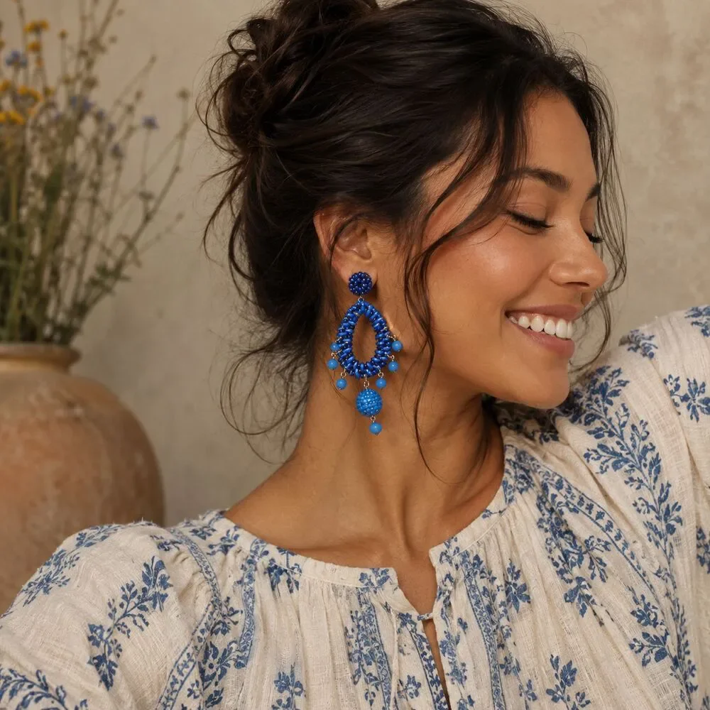 LILLY PULITZER Women's New Alba Blue Raffia Teardrop Beaded Drop Earrings 013493